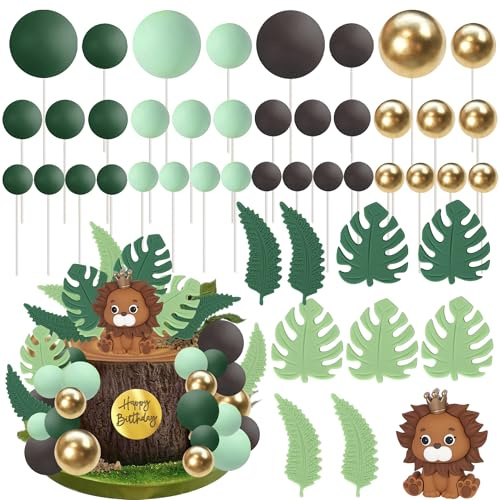 46 Stück Safari Tier Tortendeko DIY Runde Kugeln Kuchen Deko Dschungel Wilder Löwe Cake Topper Tropische Grashalme Kuchen Dekorationen für Safari Tier Thema Baby Dusche Kinder Geburtstag Party