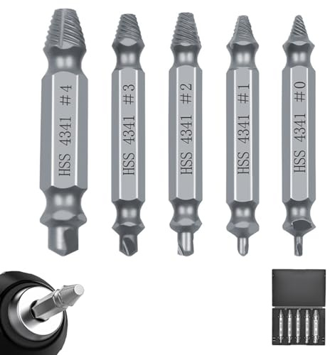 5 Pcs Damaged Screw Extractor Set, HSS 4341 Extractor Remover for Stripped Head Rounded Screws, Rusted or Painted Over Screws & Broken Bolts, Works with All Drill Types & Sizes, DIY Tool Kit for Men