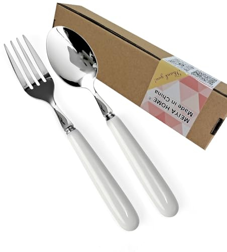 1Dessert Spoon&1Salad Fork 6.5inch Fine Dessert Spoons 18/10SS White Handle | Premium SUS304Soup Spoon Round Edge Mirror Polished Silverware Minimalist Cutlery for Home,Hotel,Restaurant,Daily Use&Hosting
