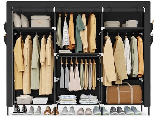 SONGMICS Armoire Chambre en Tissu, Porte-vêtements, Penderie, Étagères, Pochettes, Grande Capacité, 4 Compartiments de Suspension, 45 x 189 x 180 cm, Noir RYG011BZ02