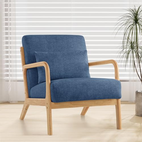 XH.Easy Go Accent Sessel mit Kissen,Moderner Polstersessel für Wohnzimmer,Lounge-Stuhl mit Armlehnen&Holzrahmen,bequemer Lesesessel,Stoff Blau
