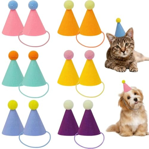 12 Mini Partyhüte in Mehrfarben,Kegelförmige Kleine Geburtstagshüte für Hunde,Katzen,Kaninchen und Stofftiere,Kleintiere Geburtstagsmützen Niedliche Tierparty Dekoration,Winzige Geburtstagsdekoration
