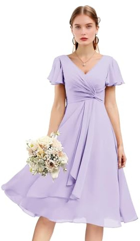 Lilac Women's Chiffon Short Bridesmaid Dress V Neck Pleated Knee Length Flutter Sleeves Ruched A Line Formal Party Evening Gown 12