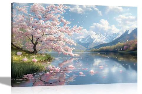 Artley Prints - Spring Lake Mountain Landscape Tree Canvas Prints Framed Wall Art Scenery Pictures Home Office Living Room 76 x 50cm (30 x 20 inches)