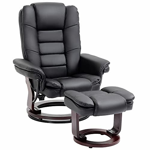 HOMCOM Fauteuil de Relaxation avec Repose-Pied, Dossier inclinable 135° Max., siège pivotant 360°, Assise rembourrée Confort, revêtement PU, pour Salon, Chambre, Bureau, Noir