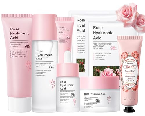 Ros hyaluronic acid hudvård set – mild hudrengöring & ansiktsvård set för flickor och kvinnor, anti-aging skincare set – presenter – rengöringstoner serum kräm ögonkräm mask
