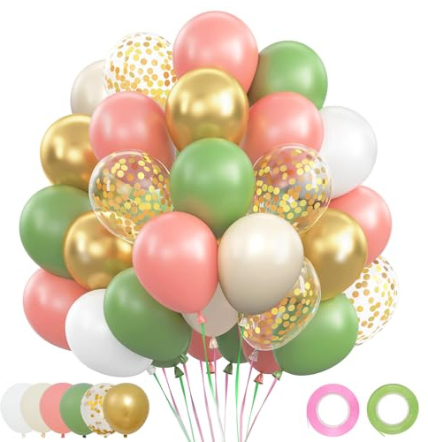 Globos Verde Rosa, 62 Piezas Globos de Cumpleaños Verde Salvia Retro Rosa, Globo Blanco Dorado Oro Metálicos con Globo Oro Confeti para Decoración Cumpleaños Niña Baby Shower Jungla Safari 12 Pulgadas
