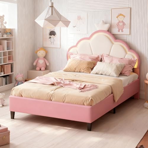 DAHUEN Kinderbett 140x200 mit LED-Beleuchtung, Doppelbett Polsterbett für Kinder mit kronenförmigem Kopfteil, Bett Mädchen Prinzessinnen Bettgestell mit Lattenrost, Samt