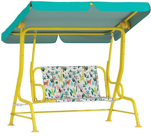 AIYAPLAY Kinder Hollywoodschaukel, 2-Sitzer Kinderschaukel Gartenschaukel mit verstellbarem Sonnendach, Sicherheitsgurt, Schaukelbank für Garten Terrasse für 3-6 Jahre Kinder bis 60 kg Grün