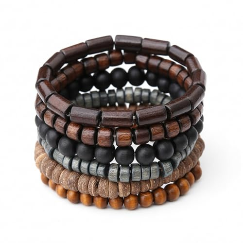 Yupaluz 6Pcs Wooden Bracelet, Mens Beaded Bracelet Set, Stretch Elastic Multi-Layer Stackable Beaded Bracelets for Men, Natural Vintage Style for Daily Wear & Gifts