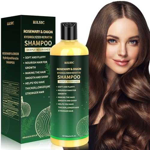 Rosmarin lökschampo med keratin – hårväxt och djuprengöring schampo för fett eller tunt hår, volym och hårbottenvård för män och kvinnor, 500 ml