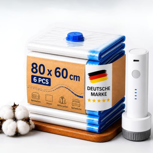 GERMALY Vakuumbeutel mit Pumpe – 6er Set XXL 100x80 cm, elektrische Vakuumpumpe für Kleidung & Bettdecken | Luftdicht, wiederverwendbar für Reise, Umzug & Koffer