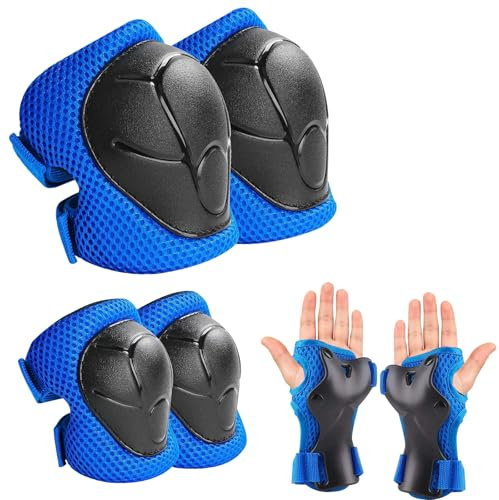 Protezione Kit Bambini 6 in 1, Set Protezioni con Ginocchiere Gomitiere e Polsiere Regolabile, Attrezzatura Protettiva per Skateboard Pattinaggio Pattini in Linea Scooter Bicicletta, Blu