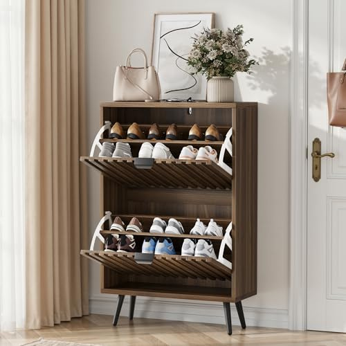 TIZZ Zapatero de madera de nogal de 60 cm de pie de estilo moderno; con dos compartimentos plegables, diseño acanalado, ideal para pasillos y entradas