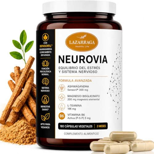 Neurovia Estrés y Sistema Nervioso | Ashwagandha Sensoril® 300 mg + Magnesio Bisglicinato 200 mg + L-Teanina + Vitamina B6 | Calma Mental, Equilibrio Emocional y Bienestar | 180 Cápsulas | LAZARRAGA
