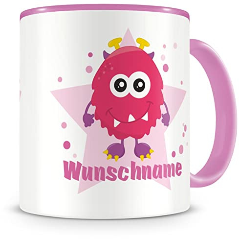 Samunshi® Kindertasse mit Namen pelziges Monster Tasse Personalisierte Tasse mit Namen Kinder Kinderbecher personalisierter Text Namenstasse Kindergarten rosa 300ml