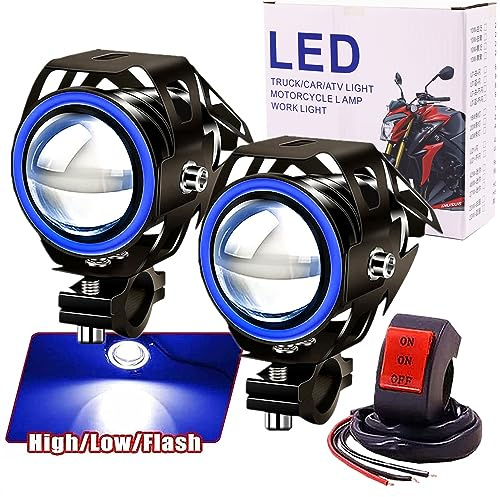 2X Feu antibrouillard pour Moto, projecteurs de Moto avec Feux Yeux d'ange, Feux de Conduite antibrouillard de Moto, Phare Avant Haut/Faible/stroboscopique 3 Modes, Halo Bleu avec Interrupteur