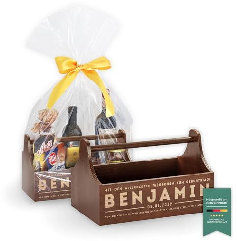 LAUBLUST Große Werkzeugkiste Motiv Gratulation - Personalisiert mit Individueller Wunsch-Gravur - 34x18x20cm, Braun, FSC® | Geschenkkiste - Geschenk-Verpackung | Aufbewahrungskiste | Flaschen-Korb