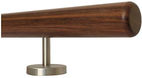 TIBU Nussbaum Geländer Handlauf Treppe Holz Griff gerade Edelstahlhalter, Länge 30-500 cm aus einem Stück/zum Beispiel Länge 90 cm mit 2 gerade Halter und Enden Radius gefräst