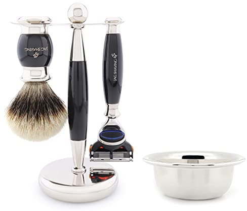 Jag Shaving Rasierset - 4-teiliges Rasierset - JAG's LEE Range - Silberspitz Dachshaar Rasierpinsel - 5 Kante Rasierklingen Rasierhobel - Rasierschale - Rasierständer - Schwarz Geschenkset