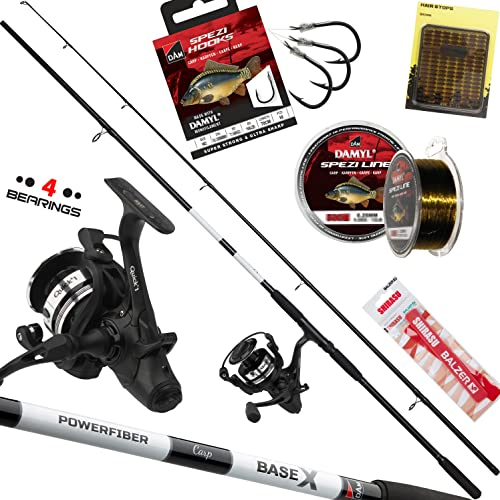 D-A-M Dam Angelset Karpfen Set komplett Profi-FX - Karpfenrute, Freilaufrolle 3,00 m, schwarz, weiß