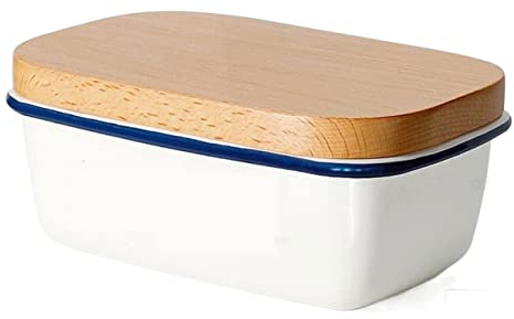 Récipient À Beurre Butter Keeper Boîte de Rangement en émail for beurrier avec Couvercle en Bois Boîte à Beurre carrée en émail Boîte à Fromage Boîte en émail de Rangement Beurrier (Color : A)