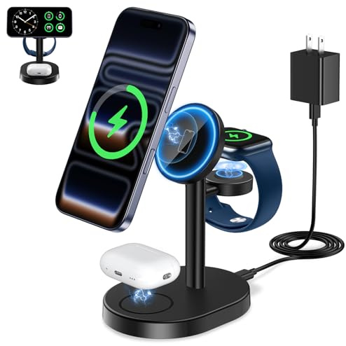 Hevanto 2026 3 in 1 Wireless Charging Station for Apple MagSafe Charger, 15W Fast Magnetic Mag-Safe Charger Stand for iPhone 17 16 15 14 13 12 17e Apple Watch AirPods Series, Gifts for Men