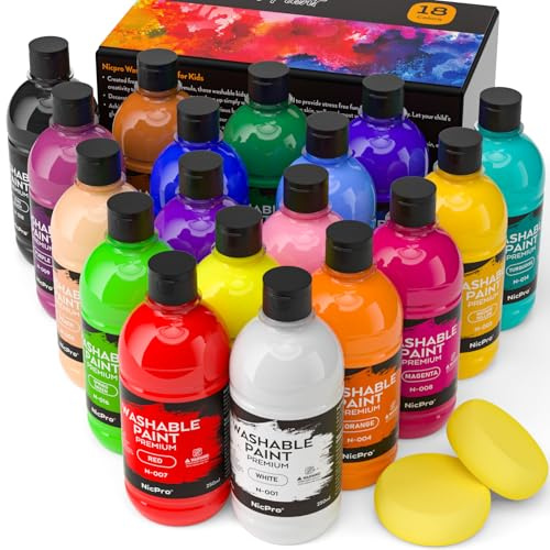 Nicpro Tempere Lavabili Per Bambini 250 ml × 18 Colori, Colori a Dita per Bambini Atossici, Colori A Dita Per Bambini per Arte, Artigianato, Poster, Scuola, Natale, Festa, Aula