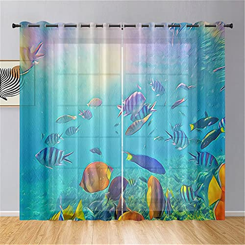 Hiseng Ozean Voile Vorhänge mit Ösen Durchsichtig Halbtransparent Ösenvorhang für Fenster Wohnzimmer Schlafzimmer Moderne Elegante Transparent Gardine 2er Set (140x160cm,Blaufisch)