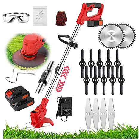 Elektrischer Rasenmäher, 24 V Akku-Rasenmäher, 650 W, batteriebetriebener Unkrautstecher zum Rasenmähen/Beschneiden/Gartenrasenmäher mit Teleskopstange und verstellbarem Kopf, 2 Akkus und Ladegerät