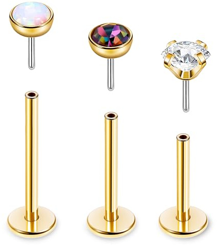 Vegolita 16G 18G 20G 3PCS G23 Titanium Push in Labret Monroe Stud Threadless Lip Ring Opal CZ Nose Stud Pure Titanium for Sensitive Skin Cartilage Helix Tragus Earrings Stud 6MM 8MM 10MM 16G Gold