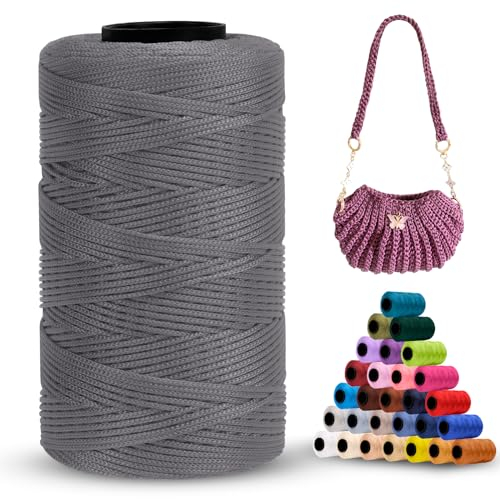 LEREATI Polyester Makramee Kordel 1mm x 230m, Polyestergarn zum Häkeln, Geflochtene Polypropylen Häkeltasche Kordel Makramee Garn für Handtasche, Perlenstickerei, DIY Handwerk (Schwarzgrau)