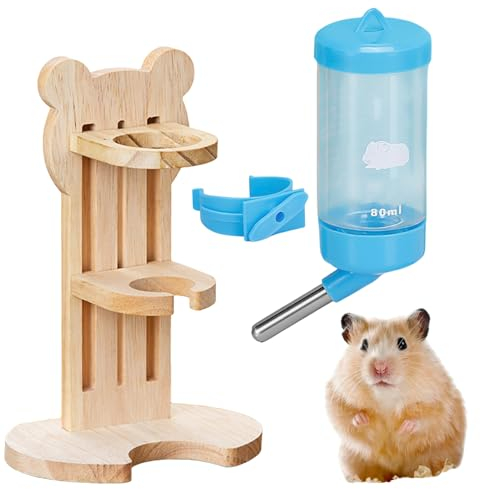 HOMURY Hamster Trinkflasche Mit Ständer: Einstellbar Holzständer, Kleintier Wasserspender, 80 Ml Nippeltränke Auslaufsicher, Für Kleintiere Wie Hamster, Meerschweinchen Und Andere Nagetiere (Blau)