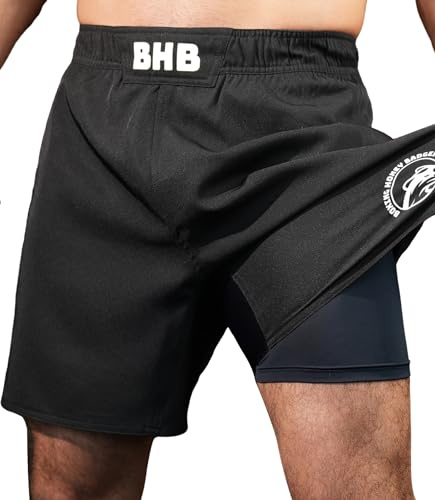 Boxing Honey Badger 2-in-1 BJJ MMA Fight Shorts Built-in Compression Lining: Grappling, Brazilian Jiu Jitsu, No-Gi Shorts White