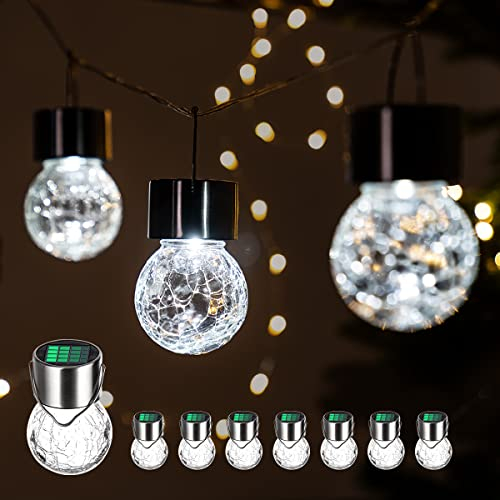 GIGALUMI Solar Crackle Glass Hanging Lights with Handle for Garden, Yard, Patio, Lawn (Cool White)