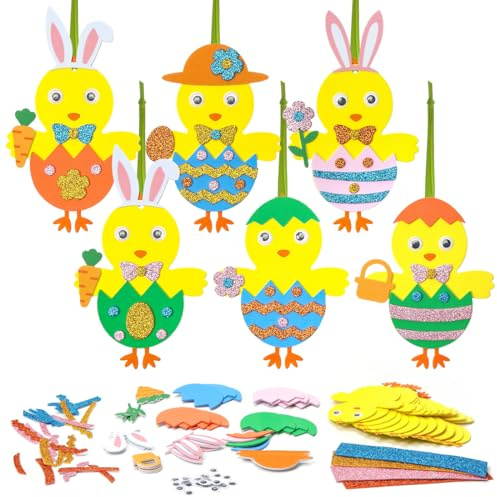 Wishstar 12 Stück Osterküken Bastelset für Kinder，Osterküken Anhänger Deko Bastelset,Ostern Dekoration Kreative Kunsthandwerk zum Basteln mit Mix & Match Moosgummi Teilen,Oster Deko zum Basteln