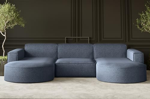 Kaiser Möbel - Ecksofa mit Wohnlandschaft, Sofa U-Form, Polstersofa, Bequemes Couch mit Ottomanen für Wohnzimmer, Relaxsofa, Bigsofa, Lounge-Set U Form, Verita Stoff, Modena U Studio, Blau