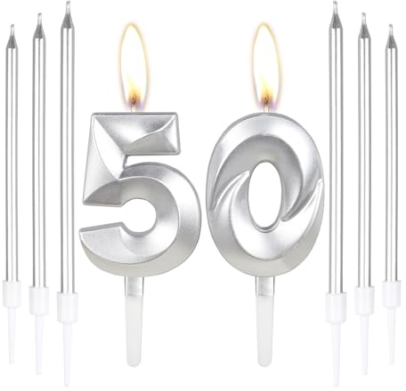 Silver 50th Birthday Cake Candles, 6pcs Long Candles, Decorations for Party and Anniversary