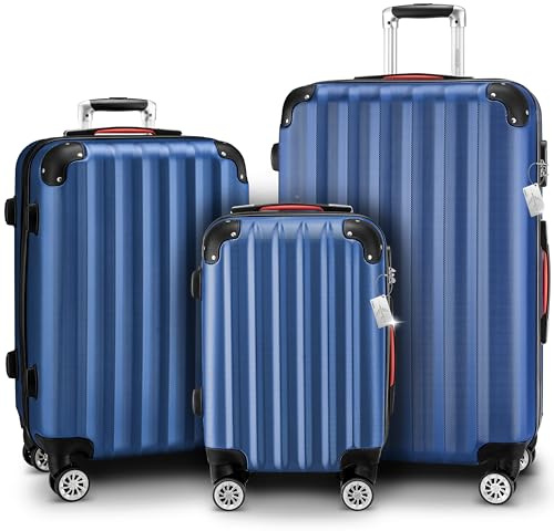 Monzana® 3tlg. Kofferset, Blau - M-L-XL - inkl. Schloss, Organizer & Kofferwaage - Gurt Gel-Griffe, Zwillingsrollen, Standfüße, Trolley, Reisekoffer, Hartschalenkoffer, Gepäck-Set, Trolley Set