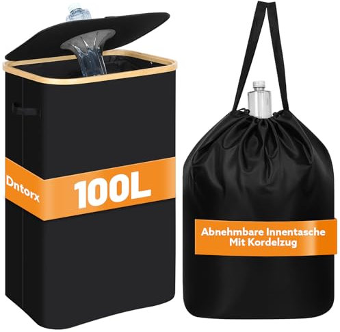 Dntorx Récipient de collecte de bouteilles consignées avec couvercle, 100 l, avec 2 poches intérieures amovibles, pour cuisine, salle de rangement, noir