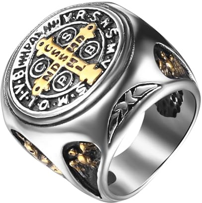 JewelryWe Schmuck Retro Herren-Ring Edelstahl Exorcism St Benedict Kreuz Ring Dämon Schutz Ghost Hunter CSBP katholischen Siegelring Bandring Band mit Gravur Silber/Gold Größe 57 bis 70