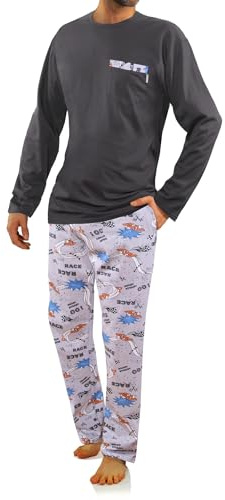 Sesto Senso herrpyjamas, långa nattkläder i 100 % bomull för vintern, tvådelad pyjamas, underkläder med långa ärmar och långa byxor, XL