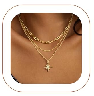 VIROMY Gold Necklace for Women 14k Gold Plated Dainty Layered Stackable Pendant Necklaces Herringbone Cuban Paperclip Chain