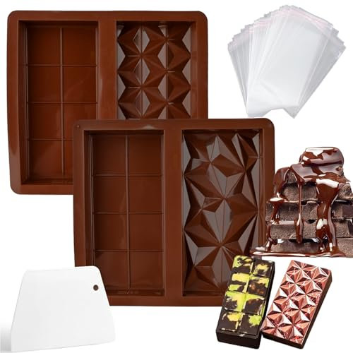 Deep Chocolate Moulds, 2 Pcs Silicone Chocolate Bar Mould Big Chocolate Bar Mold Making Kit with 100 Pcs Bags + 1 Scraper
