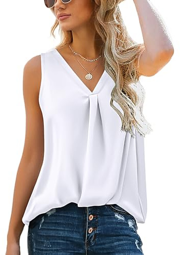 Hotouch Toppar damer, satin, linne, sommar, ärmlösa blustoppar, ledig, v-ringad, linne, eleganta toppar, lediga blusar, skjorta, Vit, S