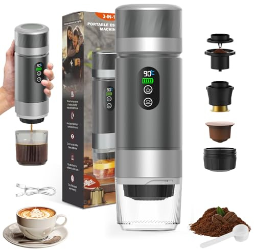 VHV Machine à Café Portable de Voyage,12V Chauffage Rapide 3 En 1 Cafetiere Portable, Auto-Chauffage de 4 à 6 Minutes, Grandes Capsules,Café Moulu,Pour Le Camping,Bureau,Maison,Voiture (Gris)