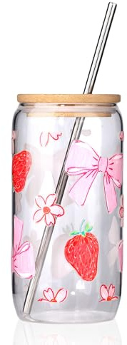 Hebterrka Elegantes vaso de vidrio de 16 oz con tapa y pajita, dos opciones de estilo de pegatinas, diseño de lazo Coquette, puede usarse para café, cócteles y más (Estilo 2)