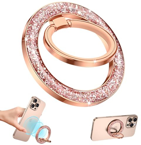 GaoBao Magnetic Phone Ring Holder,Compatible with MagSafe,Bling Glitter Sparkle Magnet Phone Grip Women Cute Adjustable Stand Kickstand for iPhone 16 15 14 13 12/Pro/Pro Max/Plus/Mini Series,Rose Gold