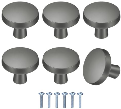 M METERXITY 6-Pack Cabinet Knobs 1-1/5in Dark Grey | Brushed Satin, Round, Modern Zinc Alloy Handles, for Dresser Drawers, Office Decorative, Kitchen Bathroom Door