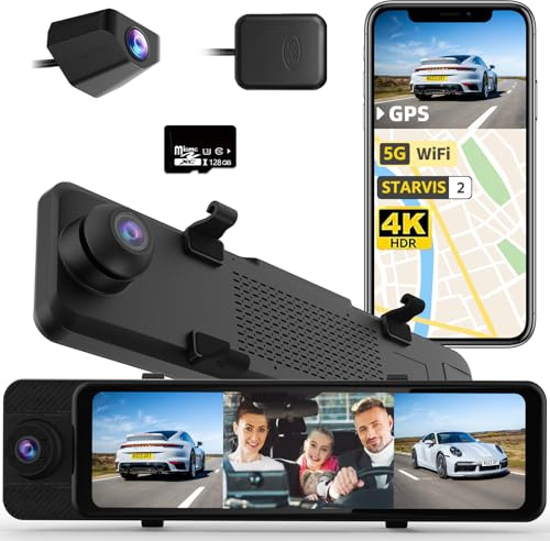 3 Channel Rear View Mirror Camera, 4K+1080P+1080P Front Inside and Rear Car Camera, 12 Touch Screen Backup Camera with 5GHz WiFi GPS, 24H Parking Mode, HDR Night Vision, G Sensor, Free 128G Card